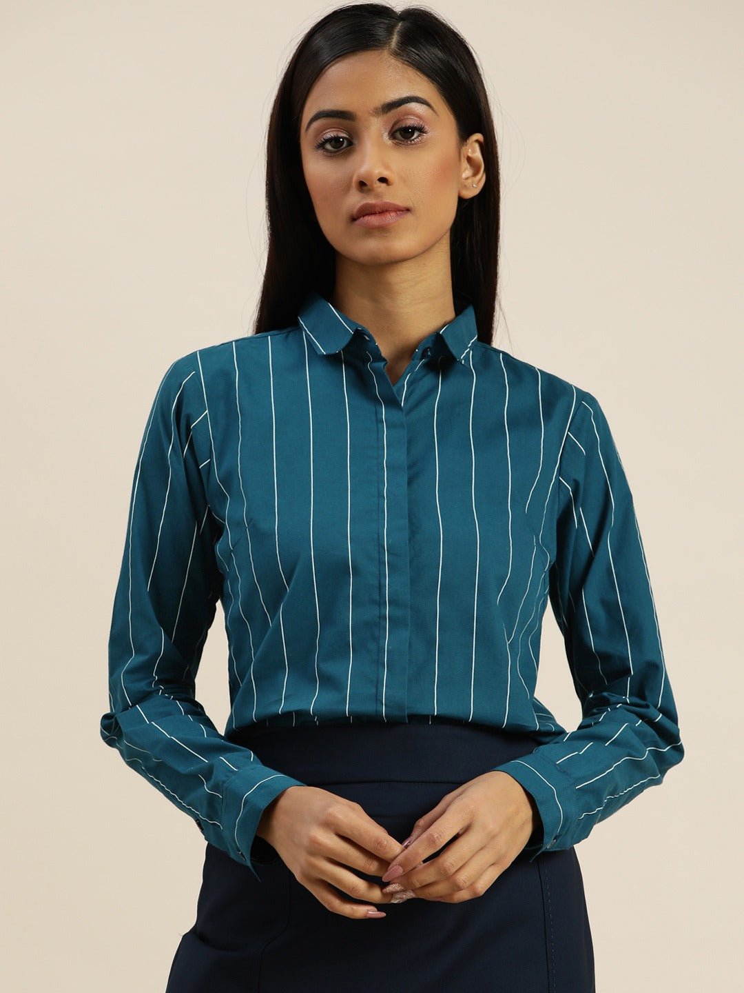 Women Turquoise Blue Striped Pure Cotton Slim Fit Formal Shirt - #folk republic#