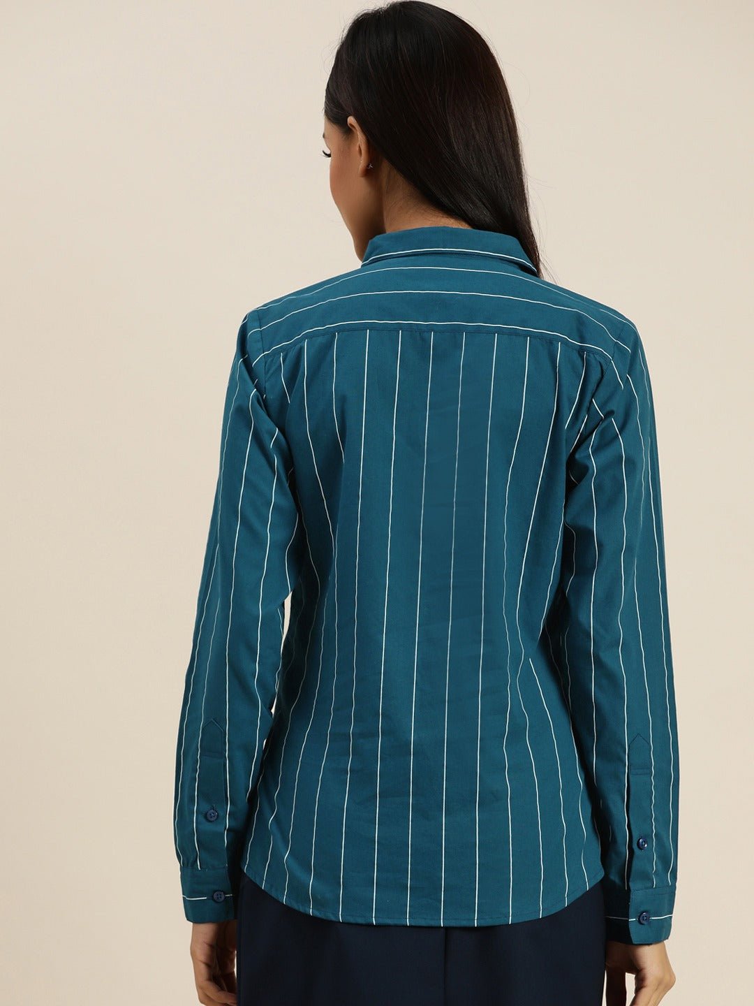 Women Turquoise Blue Striped Pure Cotton Slim Fit Formal Shirt - #folk republic#