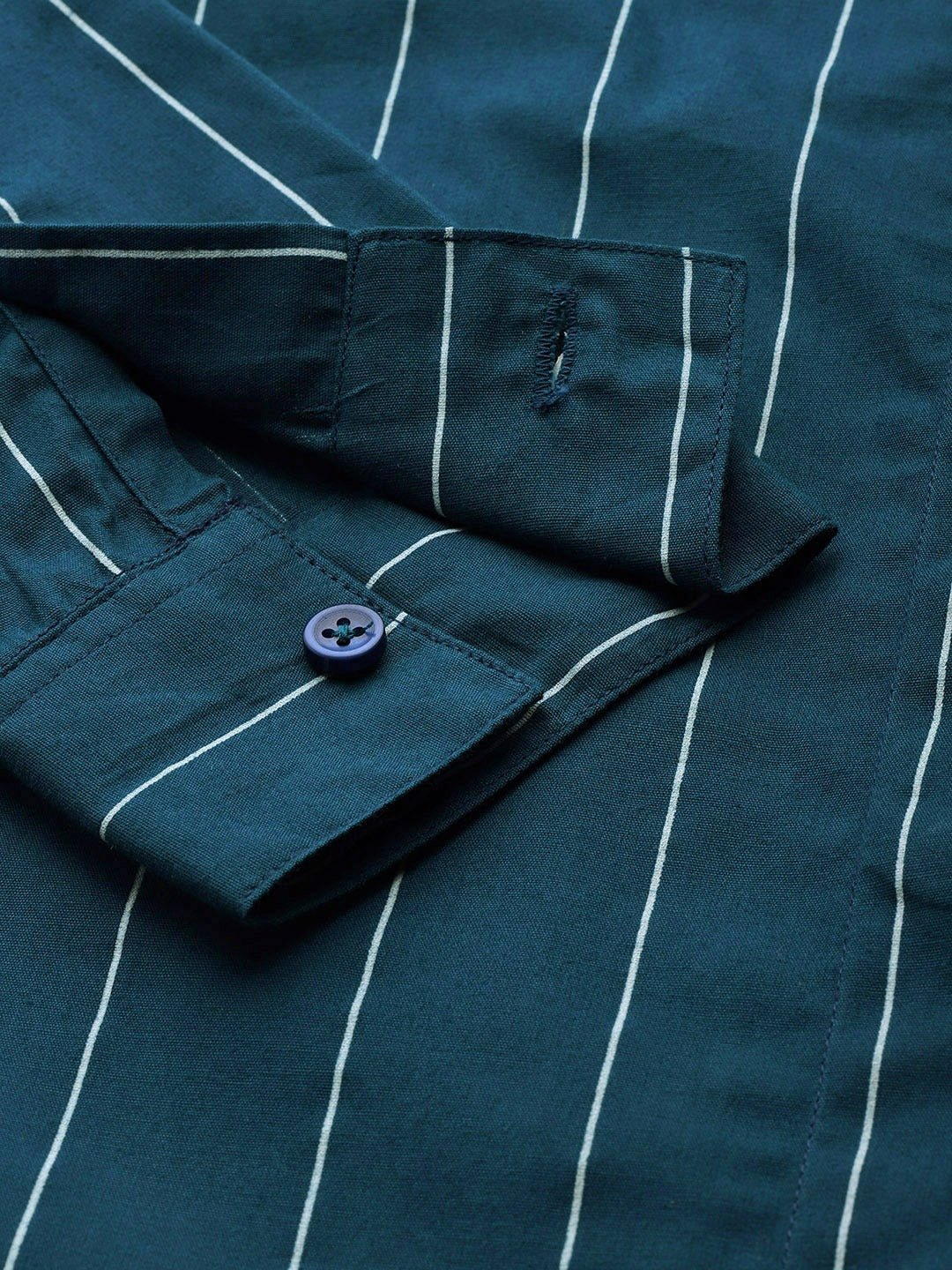 Women Turquoise Blue Striped Pure Cotton Slim Fit Formal Shirt - #folk republic#