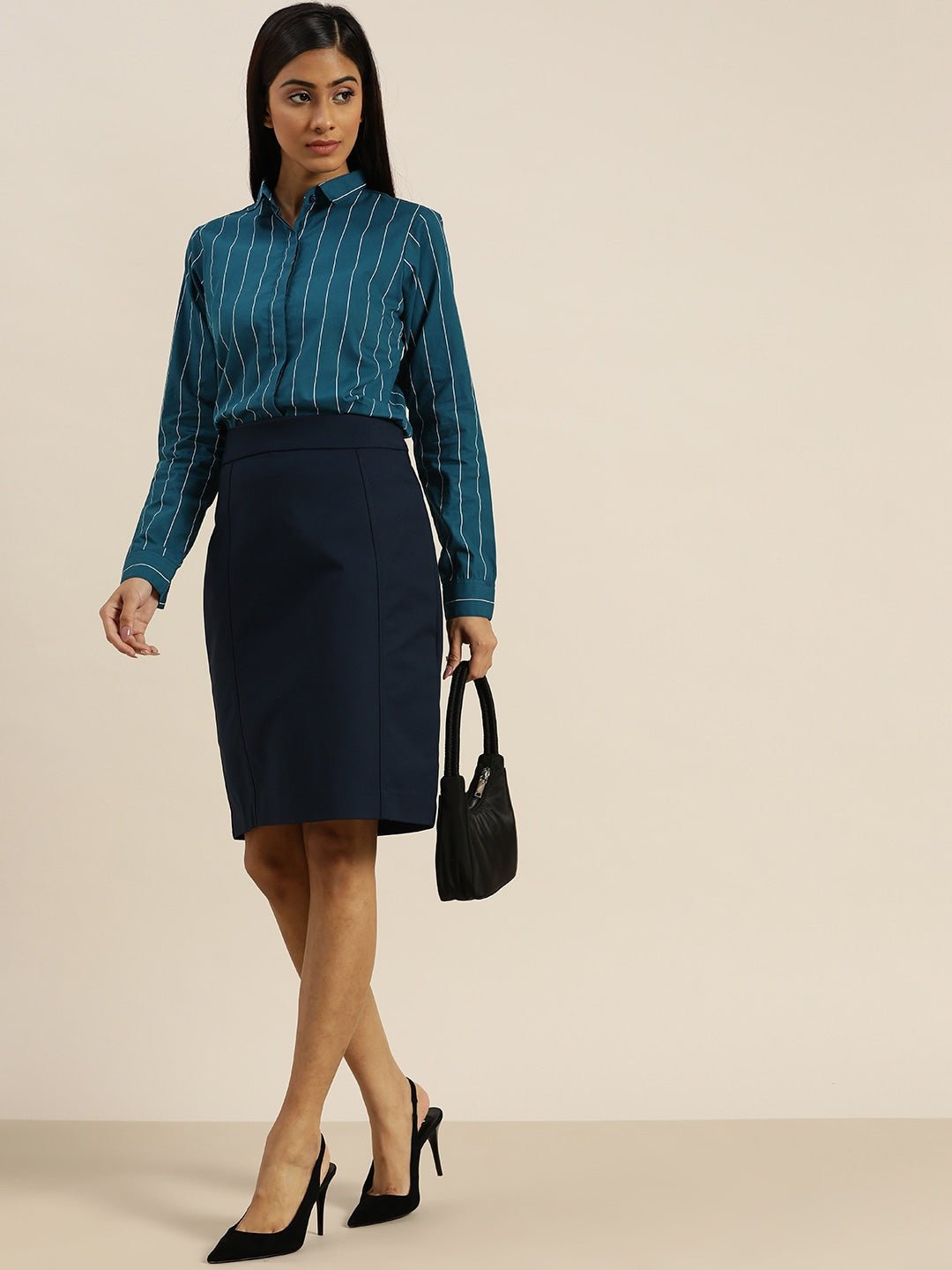 Women Turquoise Blue Striped Pure Cotton Slim Fit Formal Shirt - #folk republic#