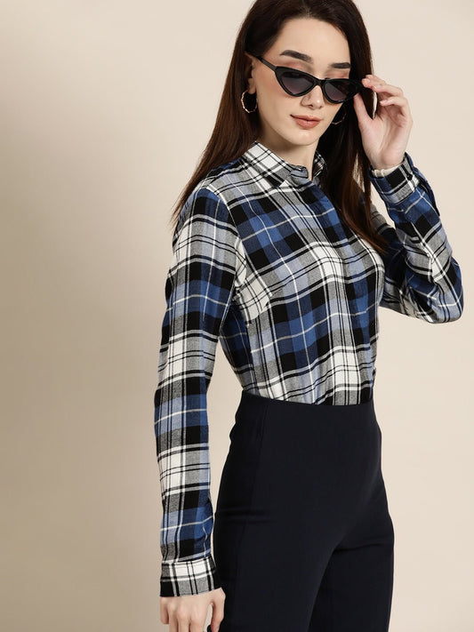 Women White & Black Checked Viscose Rayon Slim Fit Formal Shirt - #folk republic#