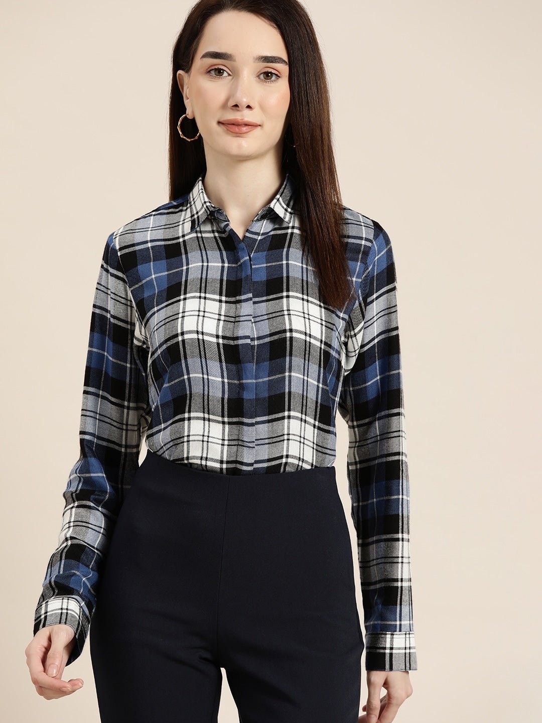 Women White & Black Checked Viscose Rayon Slim Fit Formal Shirt - #folk republic#