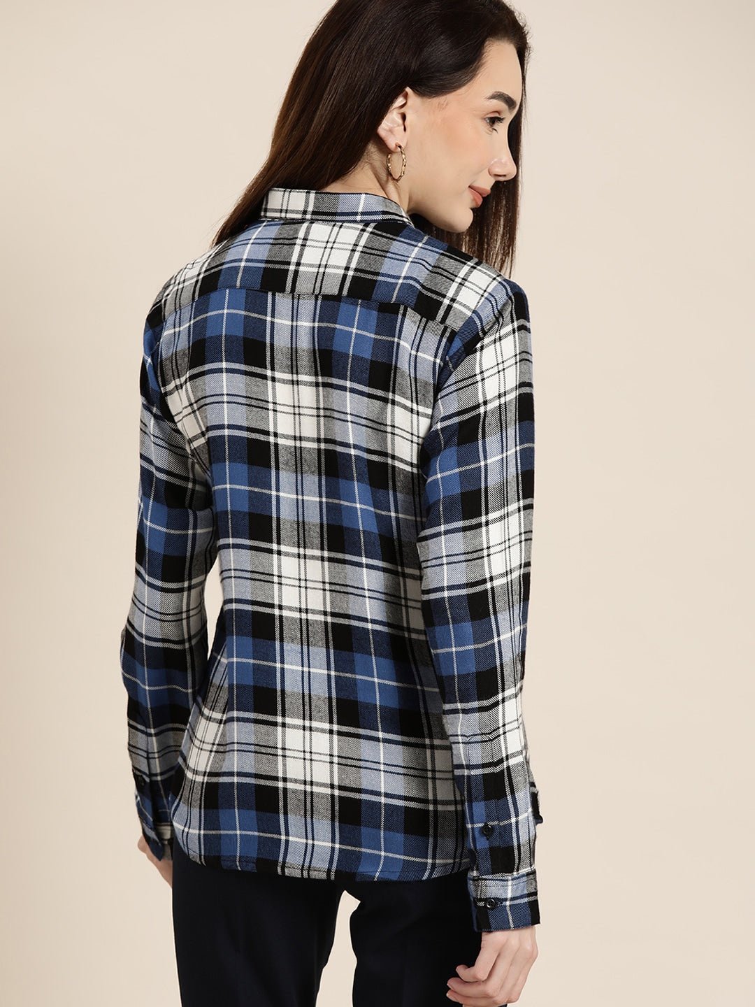 Women White & Black Checked Viscose Rayon Slim Fit Formal Shirt - #folk republic#