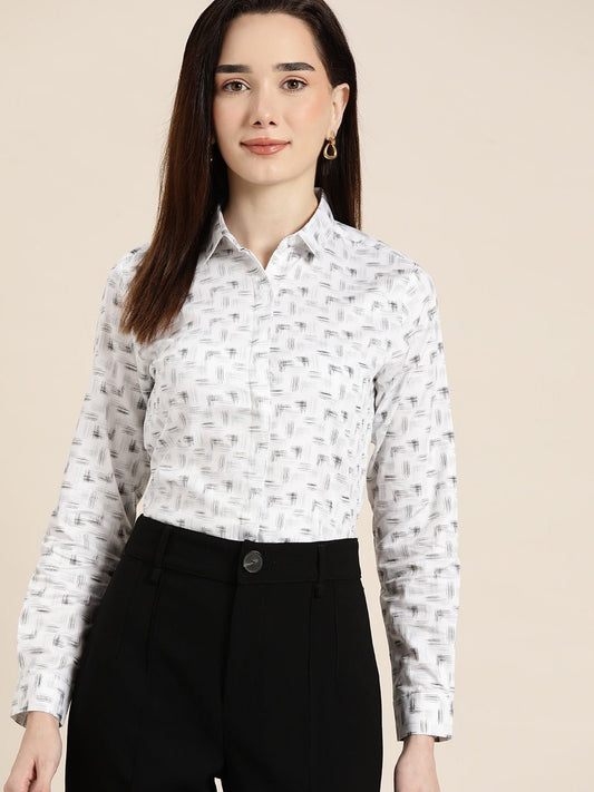 Women White & Black Printed Pure Cotton Slim Fit Formal Shirt - #folk republic#