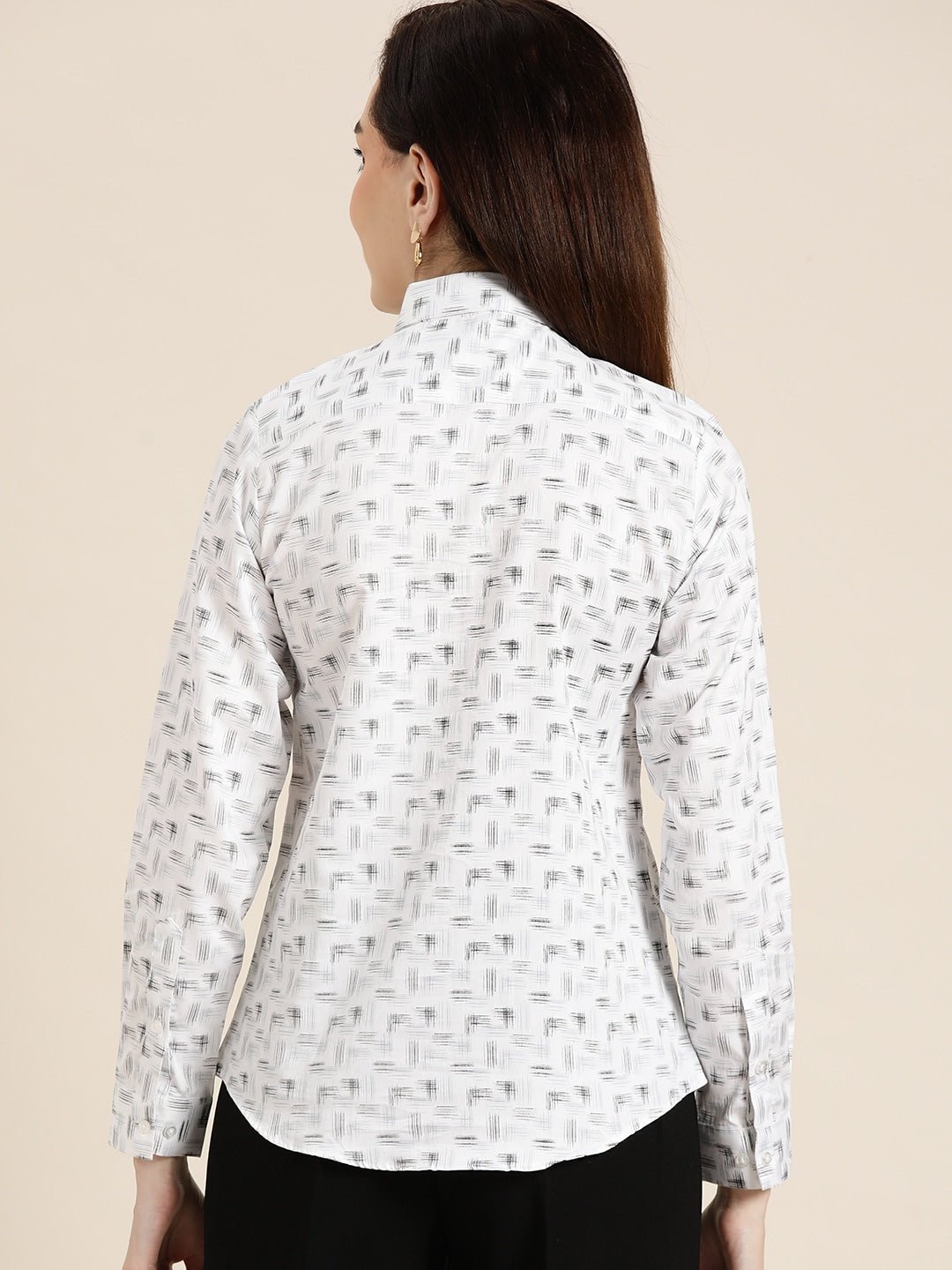 Women White & Black Printed Pure Cotton Slim Fit Formal Shirt - #folk republic#