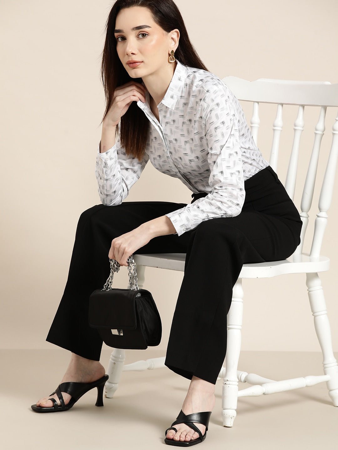 Women White & Black Printed Pure Cotton Slim Fit Formal Shirt - #folk republic#