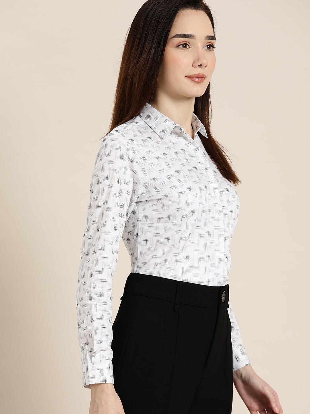Women White & Black Printed Pure Cotton Slim Fit Formal Shirt - #folk republic#
