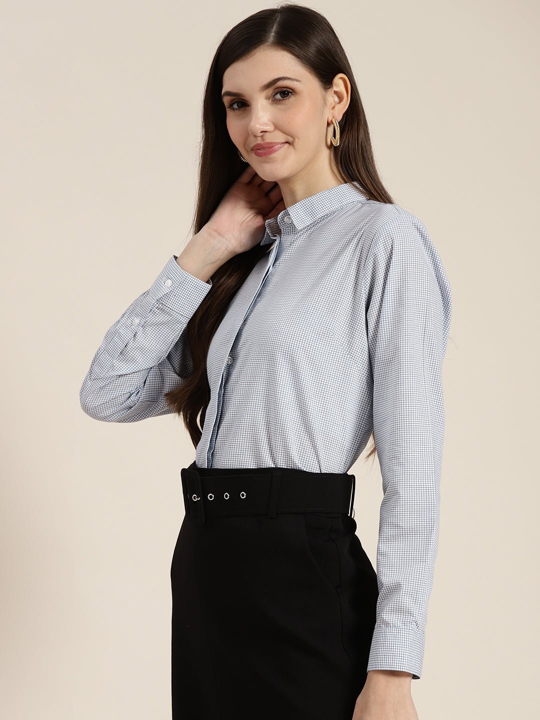 Women White & Blue Checked Pure Cotton Regular Fit Formal Shirt - #folk republic#