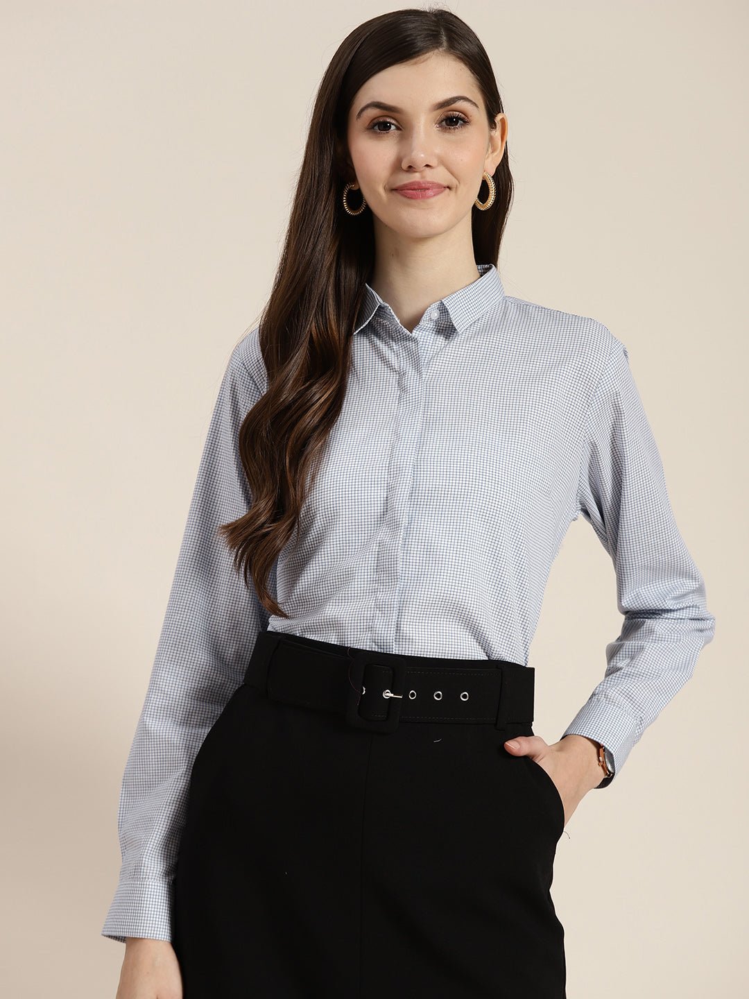 Women White & Blue Checked Pure Cotton Regular Fit Formal Shirt - #folk republic#