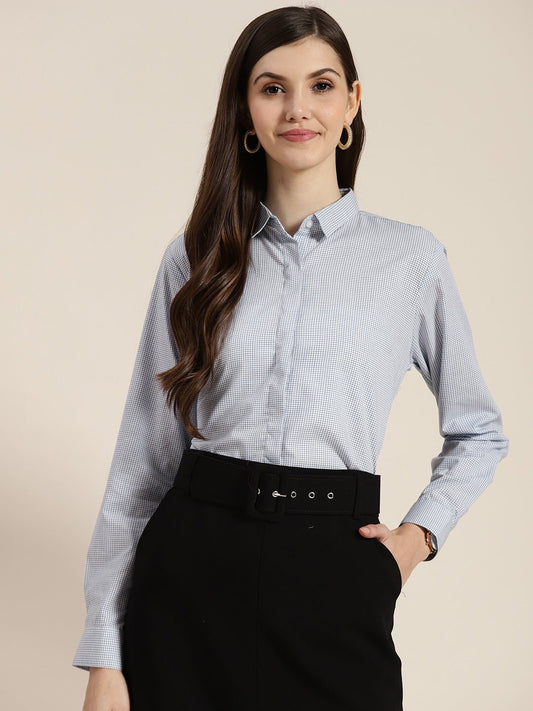 Women White & Blue Checked Pure Cotton Regular Fit Formal Shirt - #folk republic#