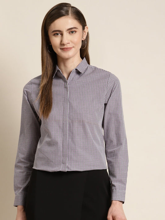 Women White & Blue Checked Pure Cotton Slim Fit Formal Shirt - #folk republic#