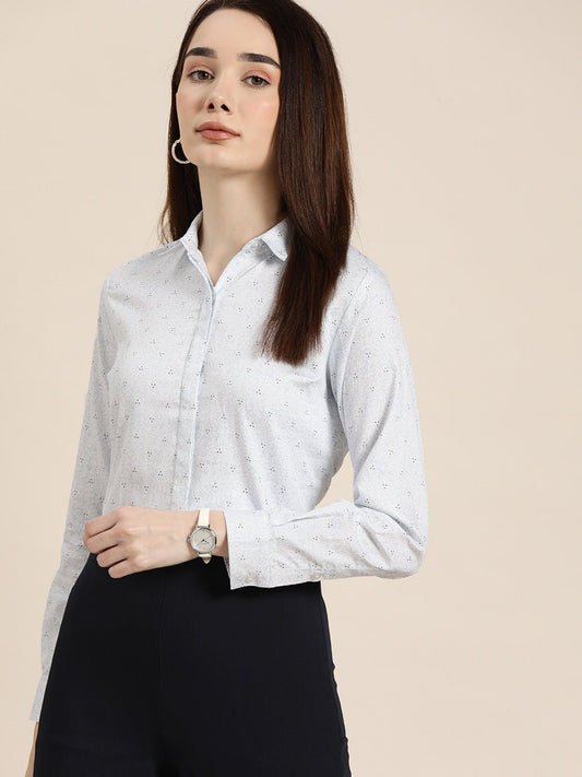 Women White & Blue Printed Pure Cotton Slim Fit Formal Shirt - #folk republic#