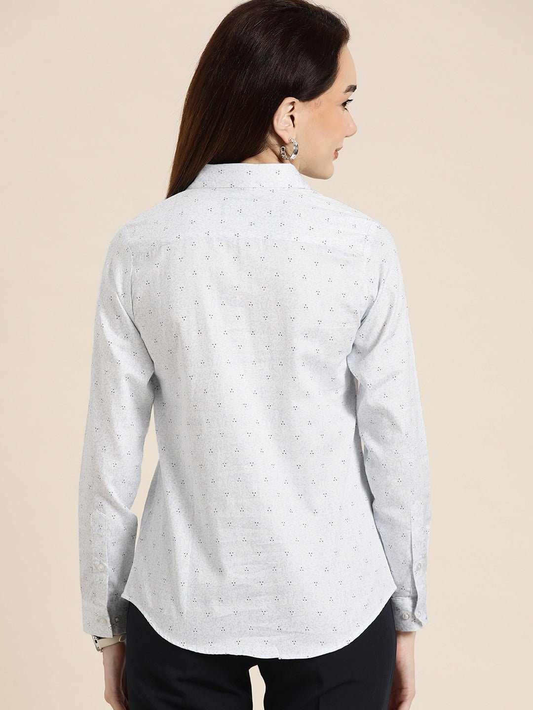 Women White & Blue Printed Pure Cotton Slim Fit Formal Shirt - #folk republic#