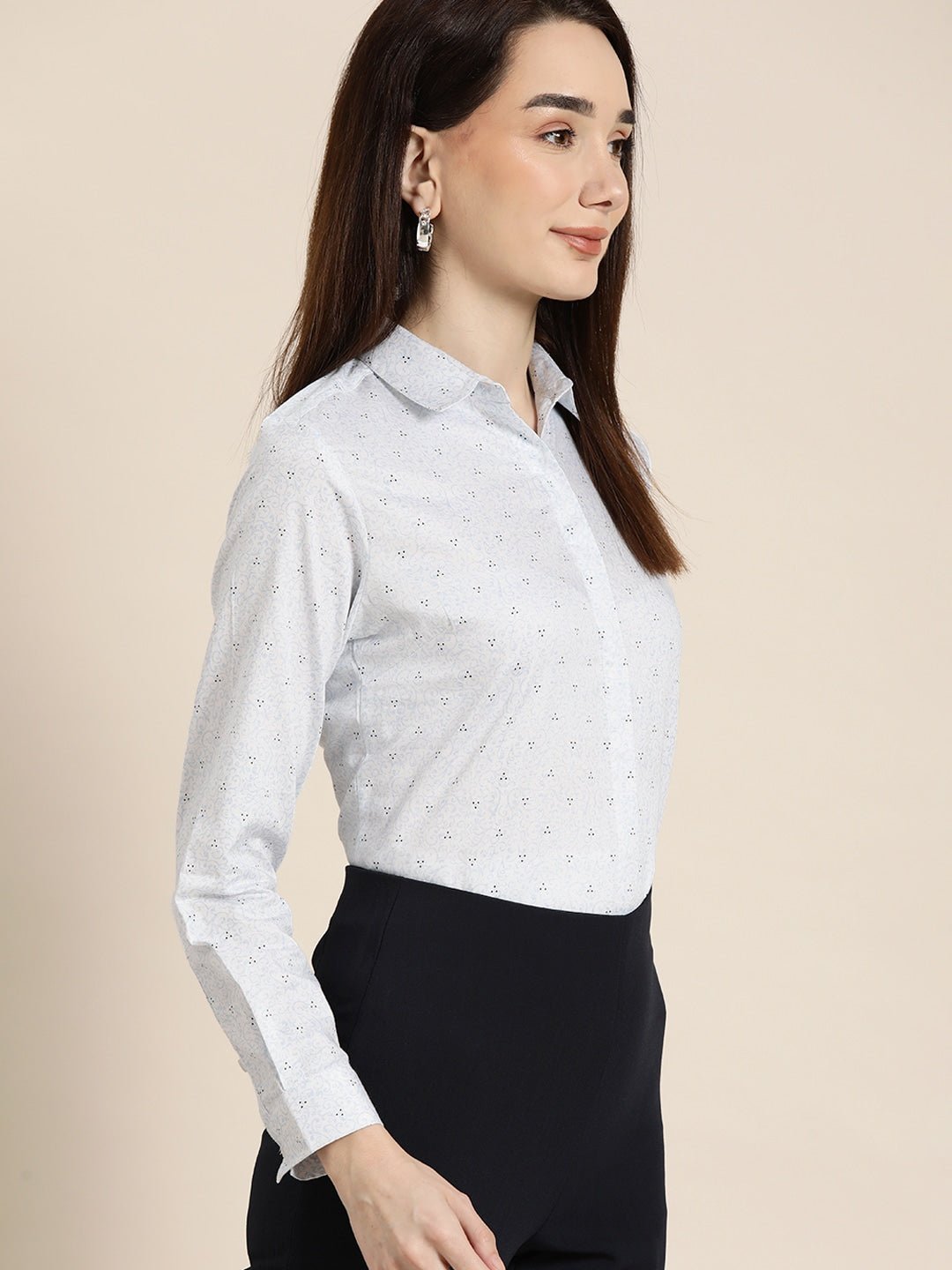 Women White & Blue Printed Pure Cotton Slim Fit Formal Shirt - #folk republic#