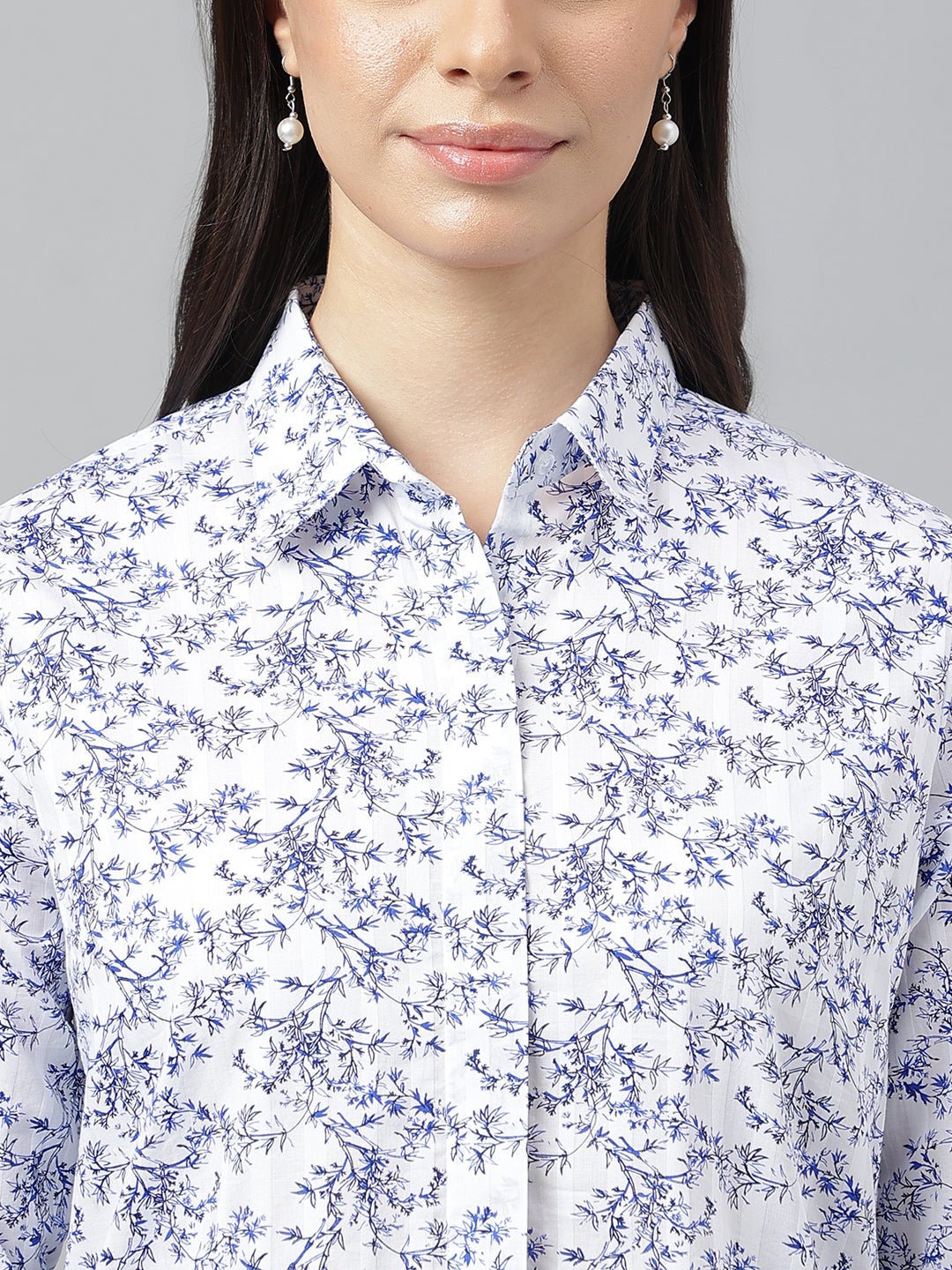 Women White & Blue Prints Pure Cotton Regular Fit Formal Shirt - #folk republic#