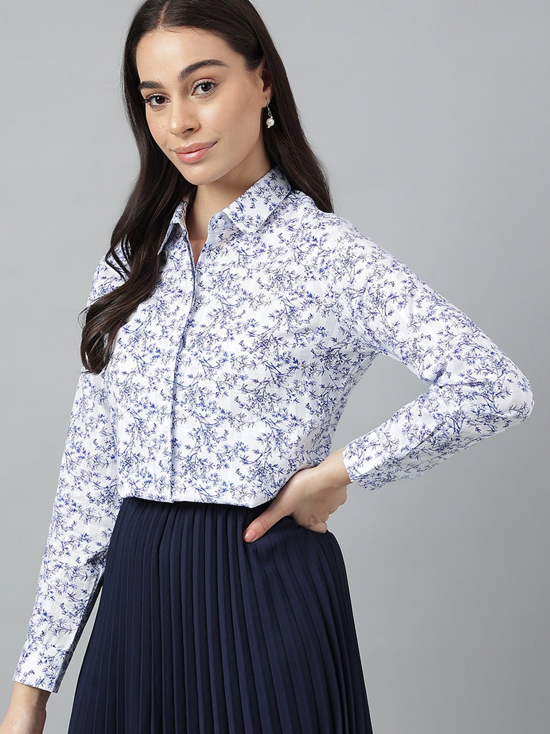 Women White & Blue Prints Pure Cotton Regular Fit Formal Shirt - #folk republic#