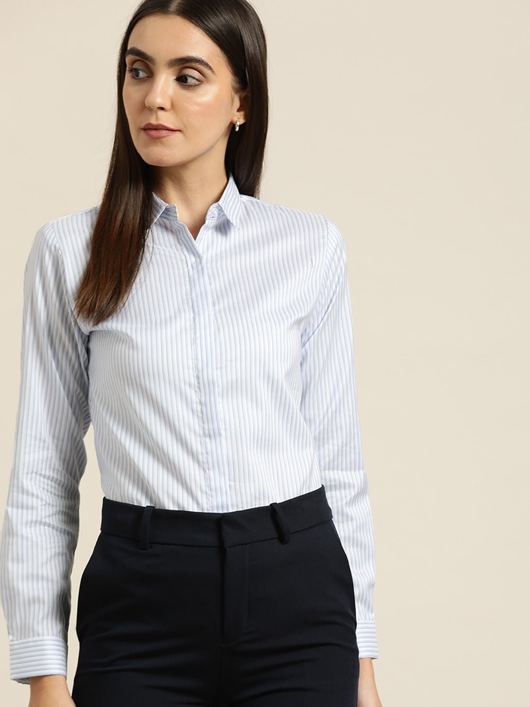 Women White & Blue Striped Cotton Slim Fit Formal Shirt - #folk republic#