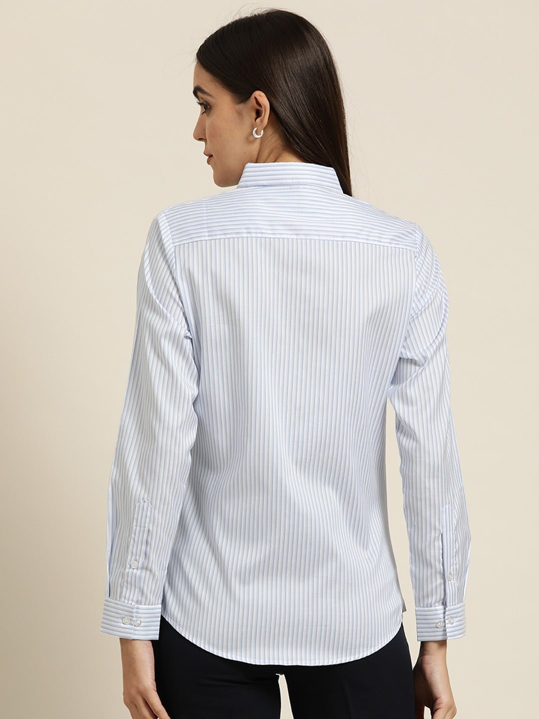 Women White & Blue Striped Cotton Slim Fit Formal Shirt - #folk republic#
