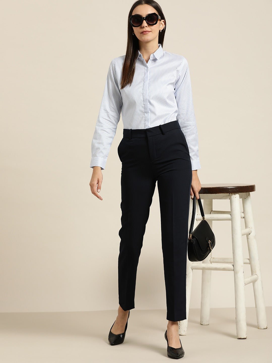 Women White & Blue Striped Cotton Slim Fit Formal Shirt - #folk republic#