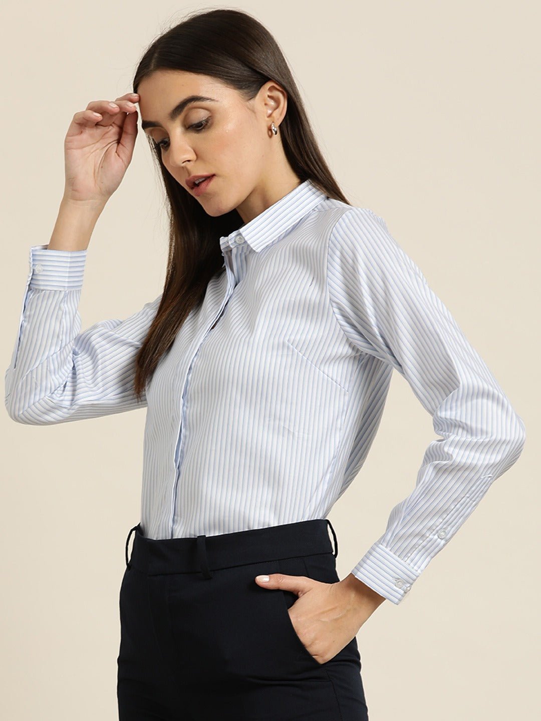 Women White & Blue Striped Cotton Slim Fit Formal Shirt - #folk republic#