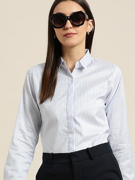 Women White & Blue Striped Cotton Slim Fit Formal Shirt - #folk republic#