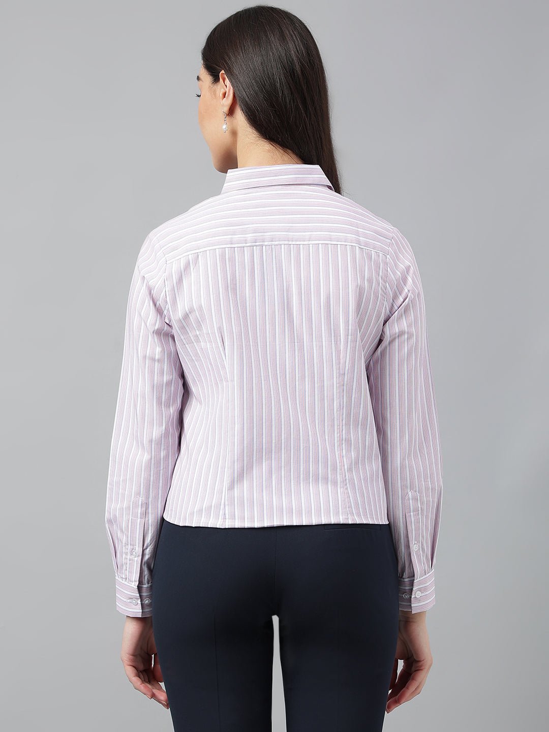 Women White & Blue Stripes Pure Cotton Regular Fit Formal Shirt - #folk republic#