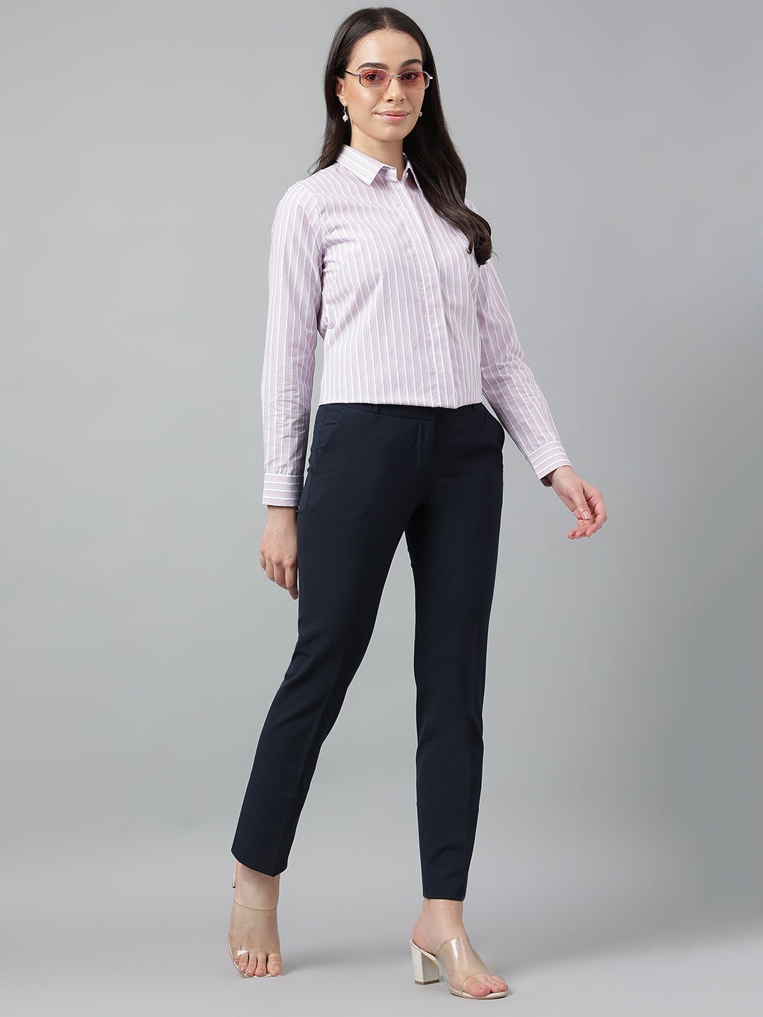 Women White & Blue Stripes Pure Cotton Regular Fit Formal Shirt - #folk republic#