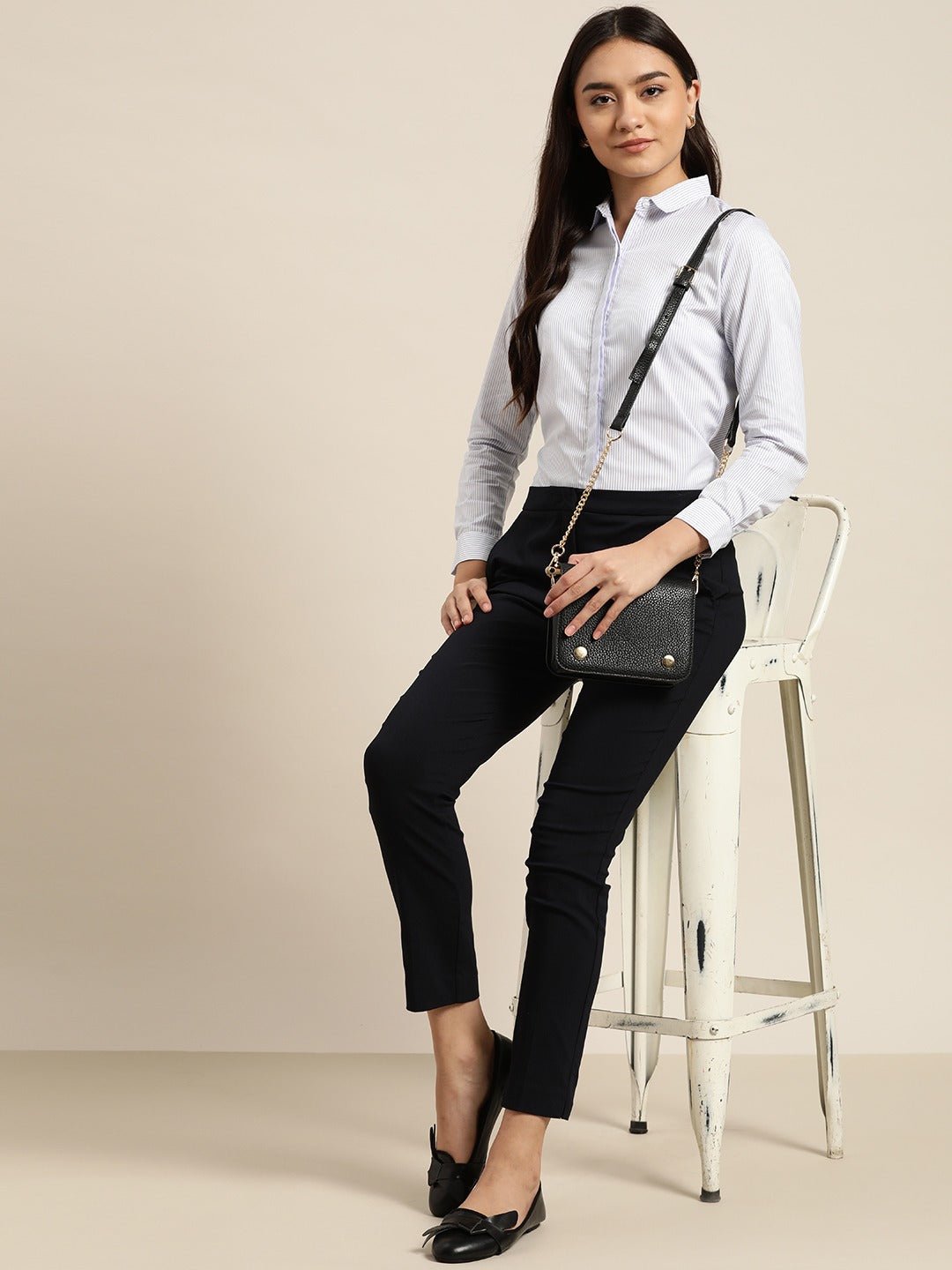 Women White & Blue Stripes Pure Cotton Slim Fit Formal Shirt - #folk republic#