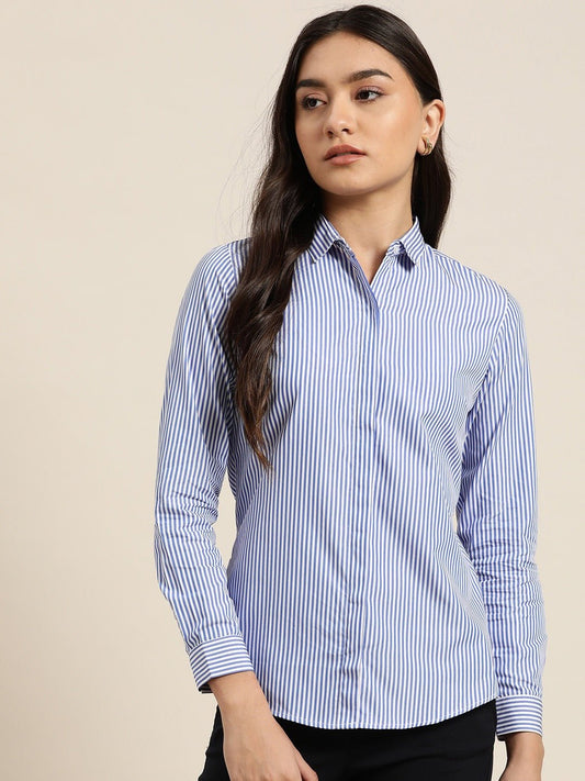 Women White & Blue Stripes Pure Cotton Slim Fit Formal Shirt - #folk republic#