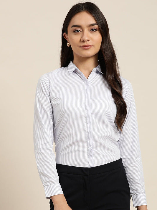 Women White & Blue Stripes Pure Cotton Slim Fit Formal Shirt - #folk republic#