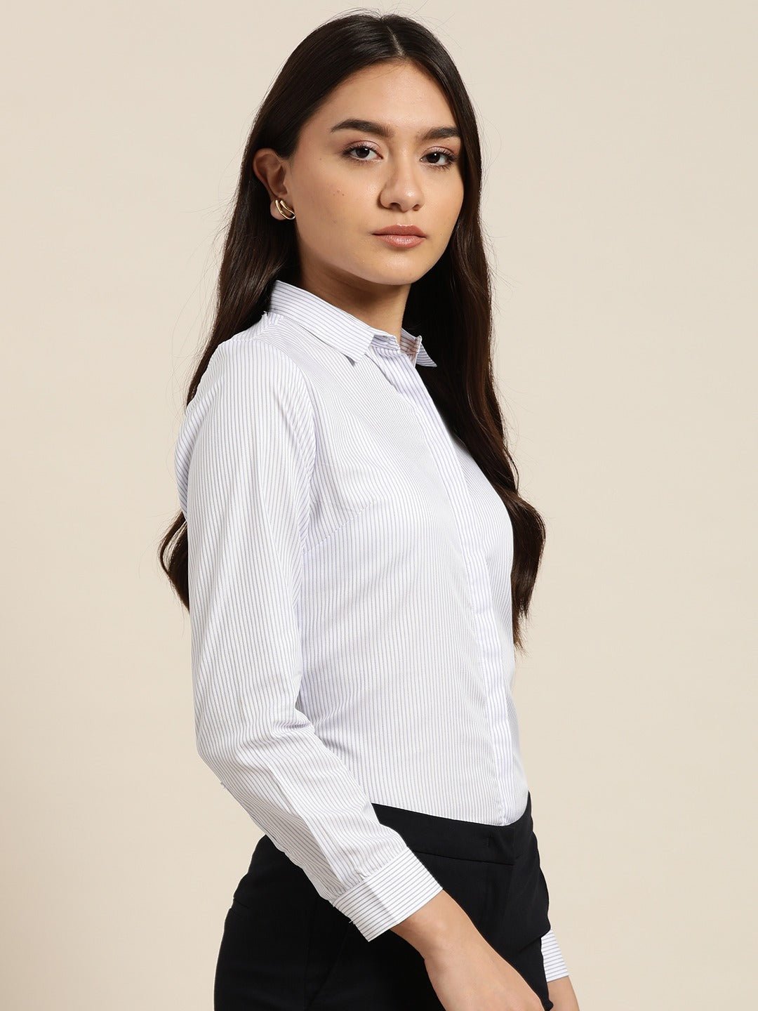 Women White & Blue Stripes Pure Cotton Slim Fit Formal Shirt - #folk republic#