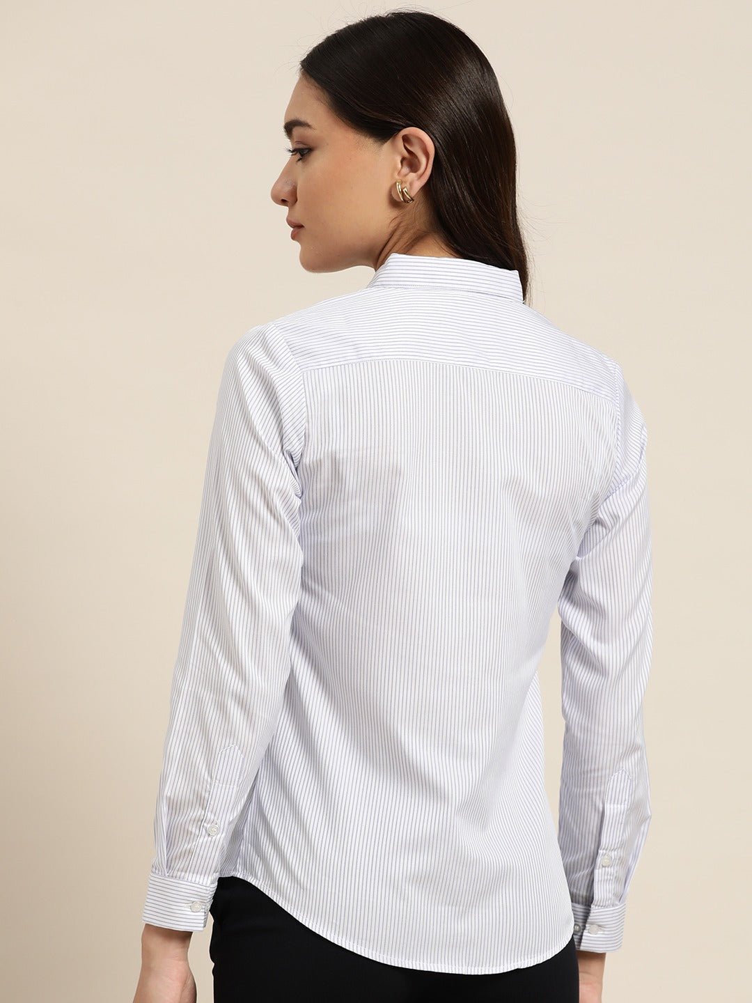 Women White & Blue Stripes Pure Cotton Slim Fit Formal Shirt - #folk republic#