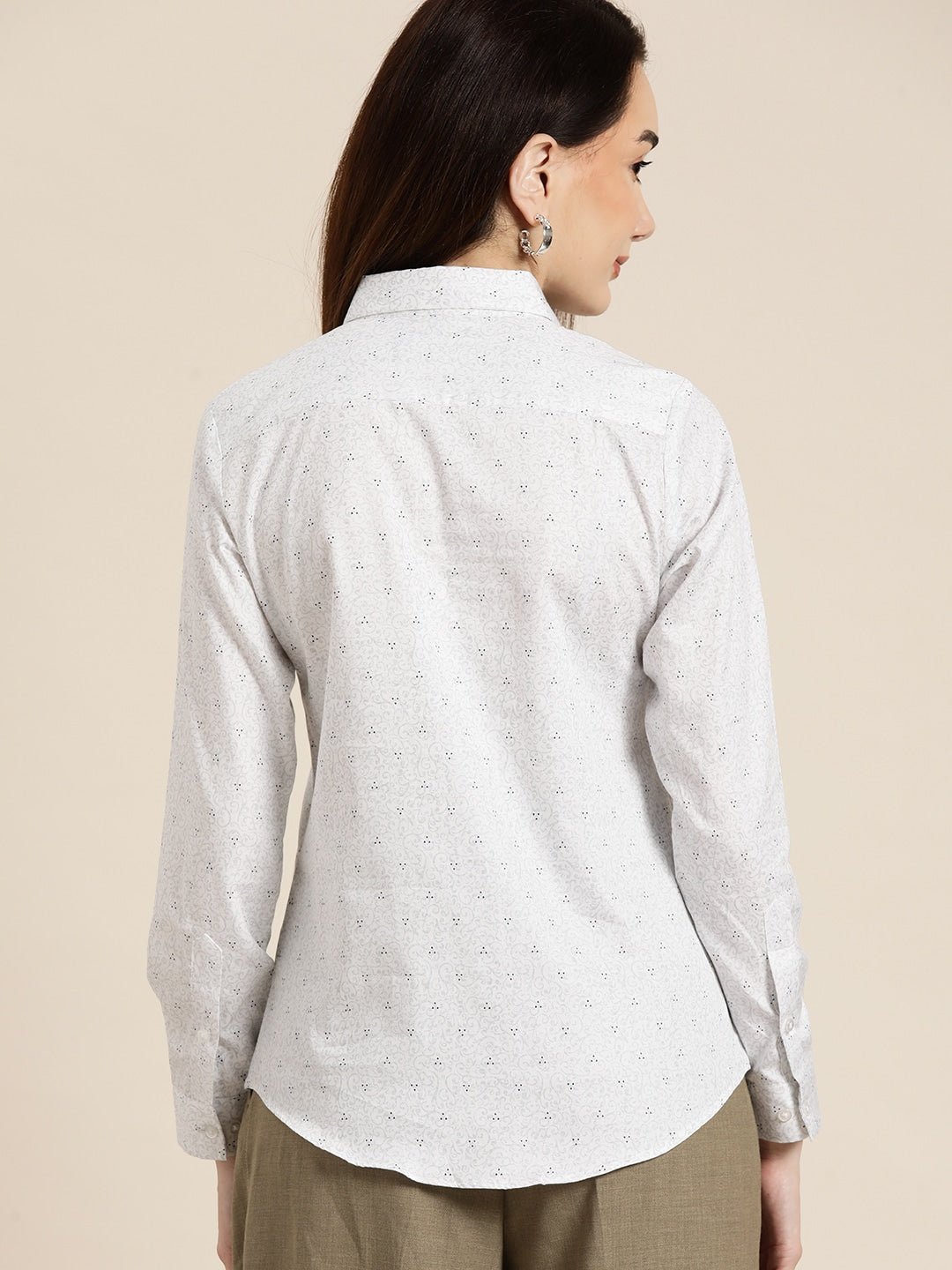 Women White & Grey Printed Pure Cotton Slim Fit Formal Shirt - #folk republic#