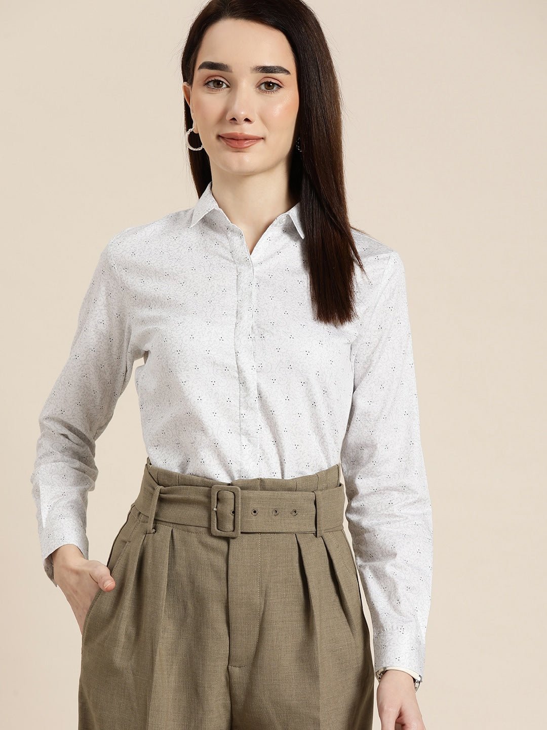 Women White & Grey Printed Pure Cotton Slim Fit Formal Shirt - #folk republic#