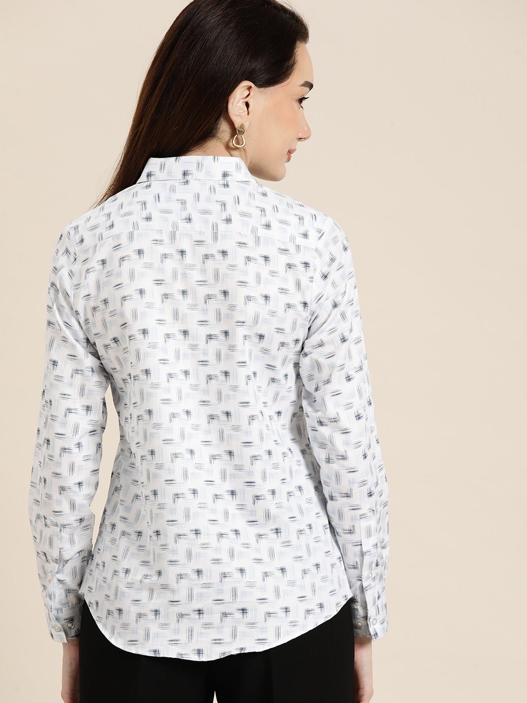 Women White & Navy Printed Pure Cotton Slim Fit Formal Shirt - #folk republic#