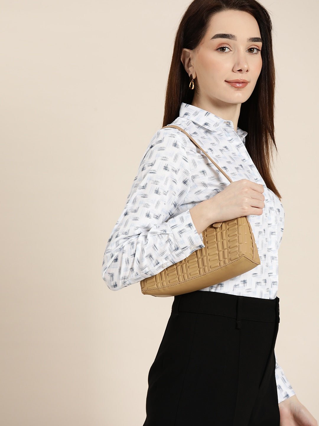 Women White & Navy Printed Pure Cotton Slim Fit Formal Shirt - #folk republic#