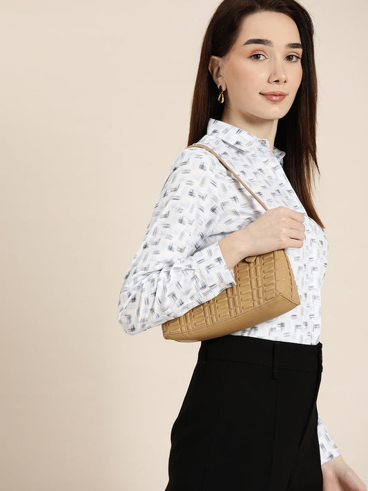 Women White & Navy Printed Pure Cotton Slim Fit Formal Shirt - #folk republic#