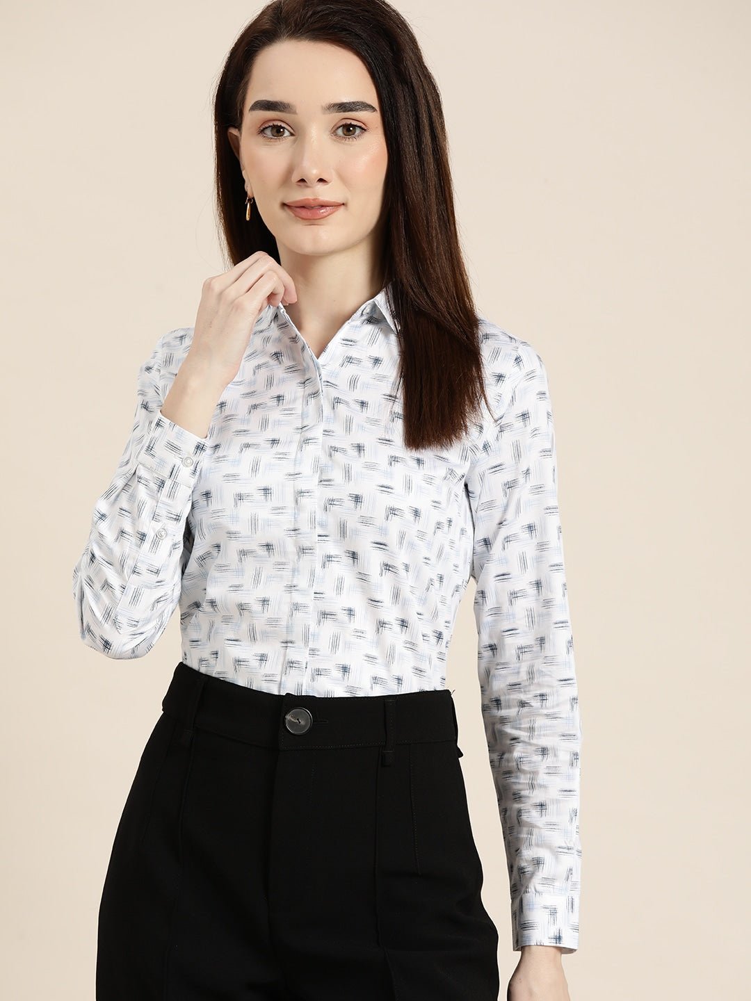 Women White & Navy Printed Pure Cotton Slim Fit Formal Shirt - #folk republic#