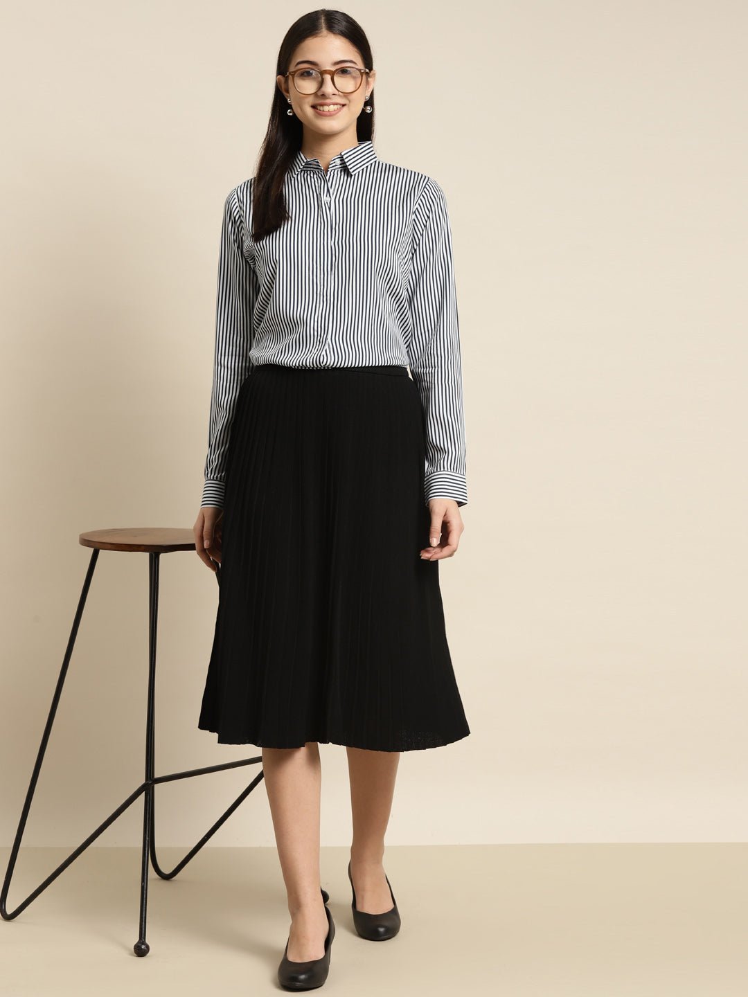 Women White & Navy Striped Viscose Rayon Regular Fit Formal Shirt - #folk republic#