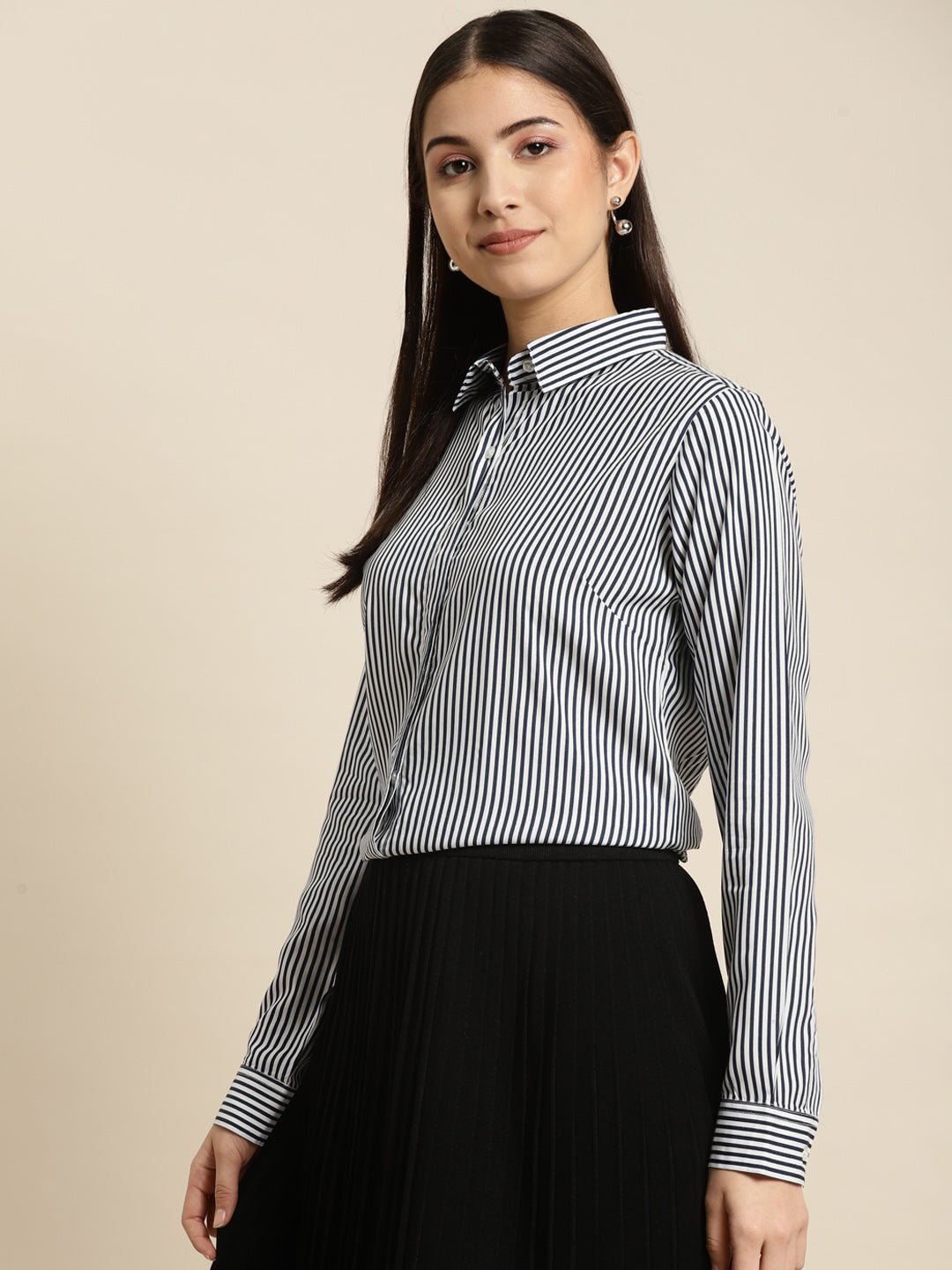 Women White & Navy Striped Viscose Rayon Regular Fit Formal Shirt - #folk republic#