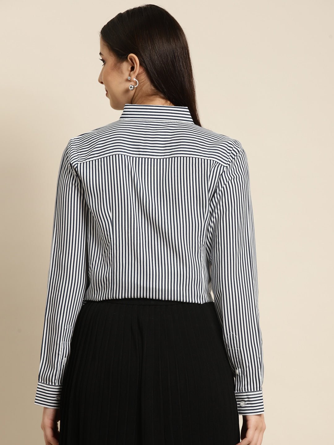 Women White & Navy Striped Viscose Rayon Regular Fit Formal Shirt - #folk republic#