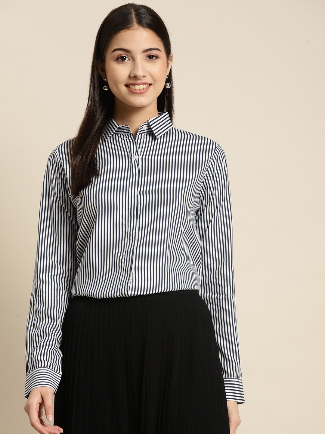 Women White & Navy Striped Viscose Rayon Regular Fit Formal Shirt - #folk republic#