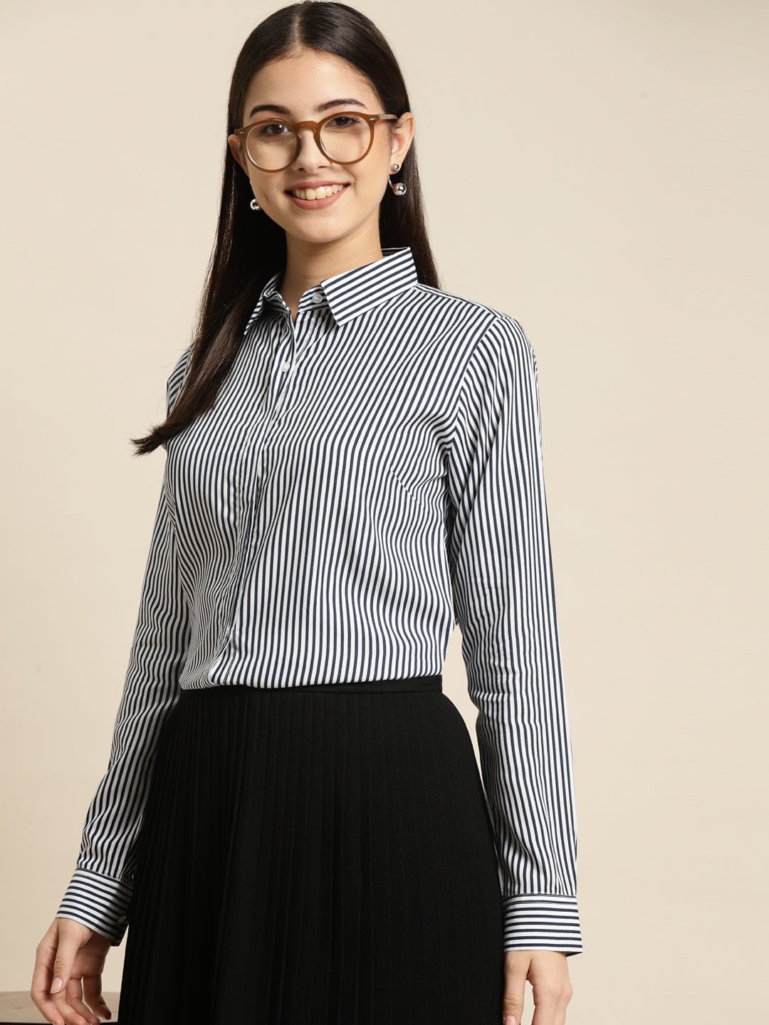 Women White & Navy Striped Viscose Rayon Regular Fit Formal Shirt - #folk republic#