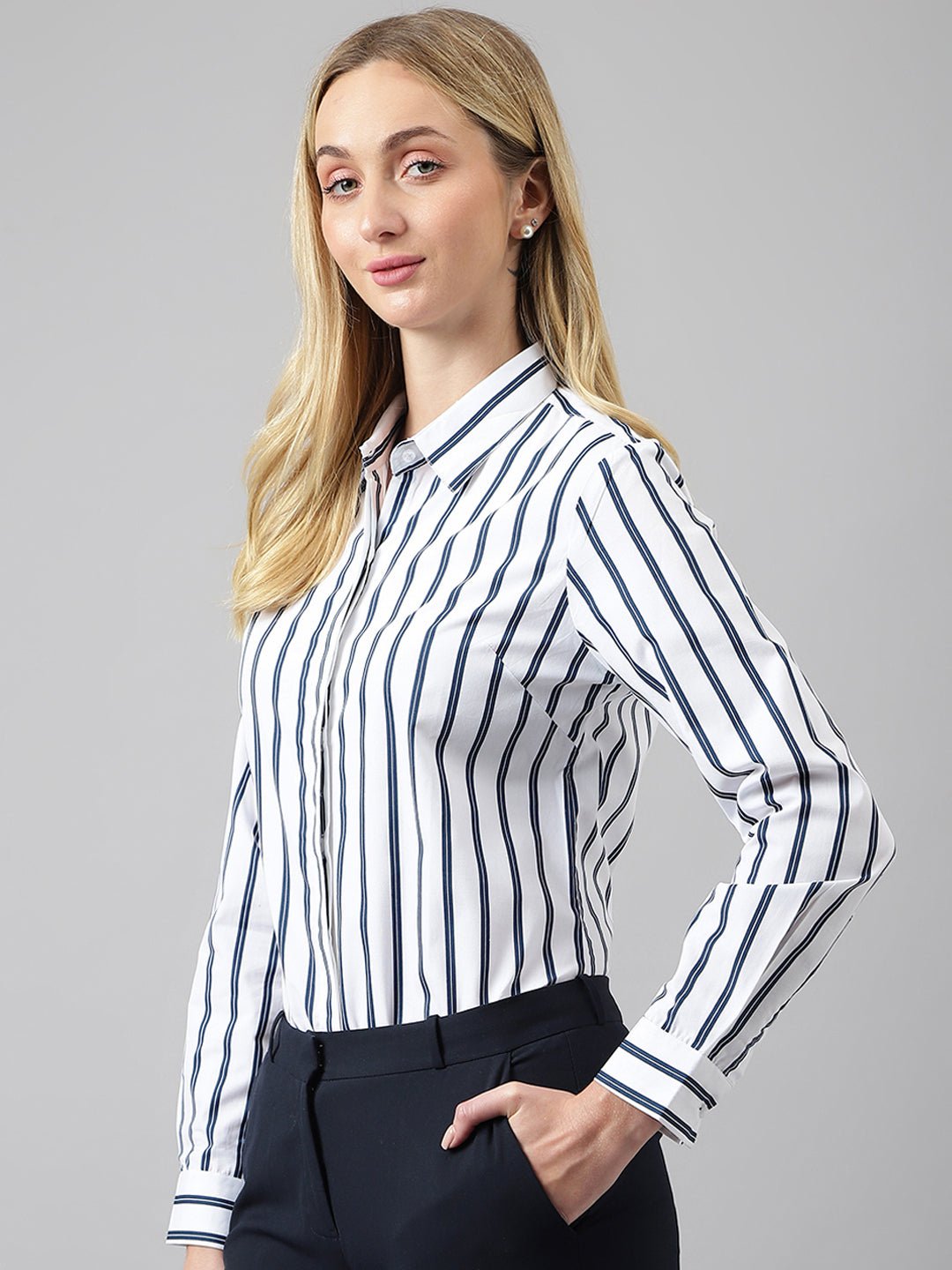 Women White &Navy Stripes Pure Cotton Regular Fit Formal Shirt - #folk republic#