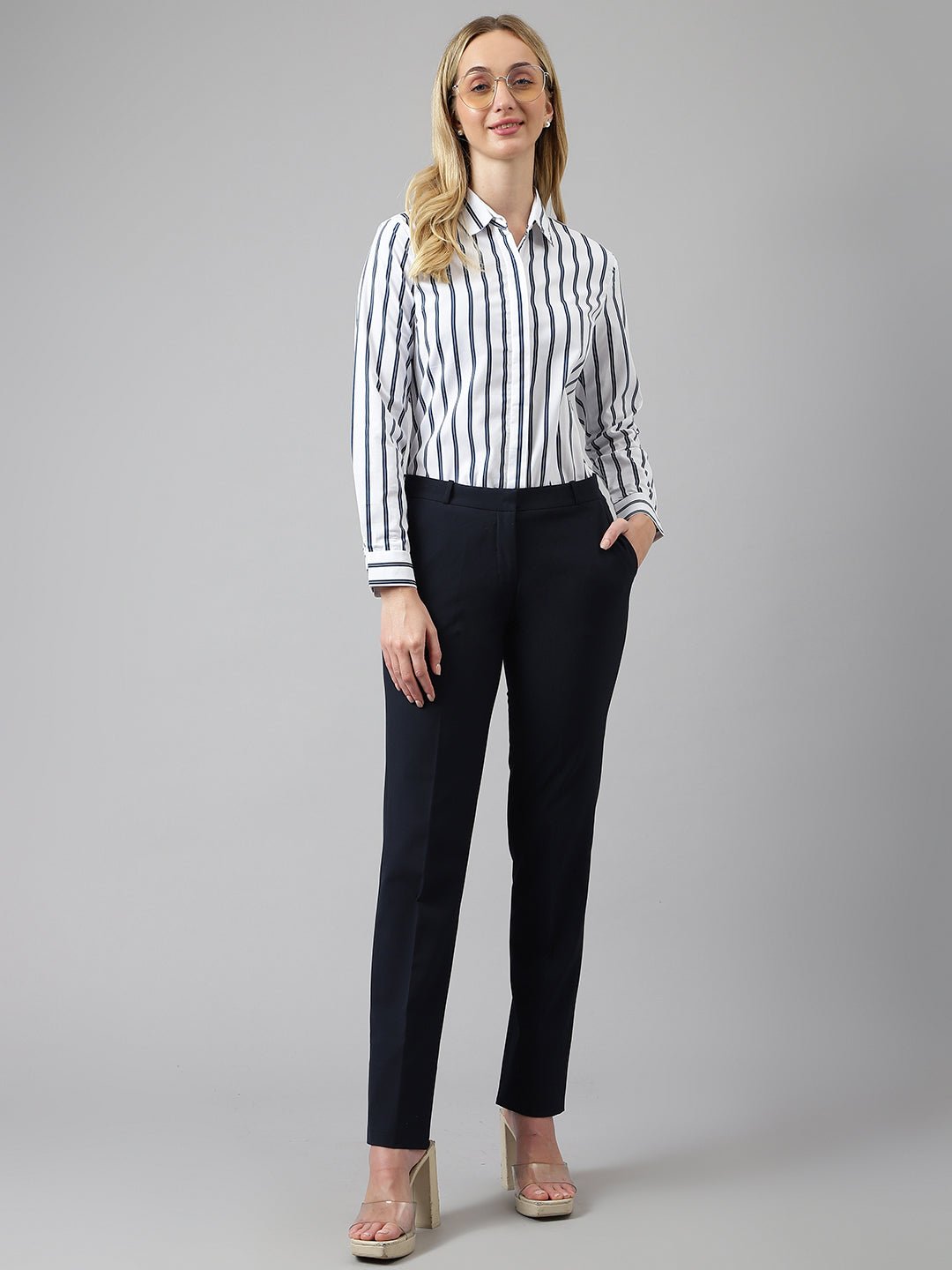 Women White &Navy Stripes Pure Cotton Regular Fit Formal Shirt - #folk republic#