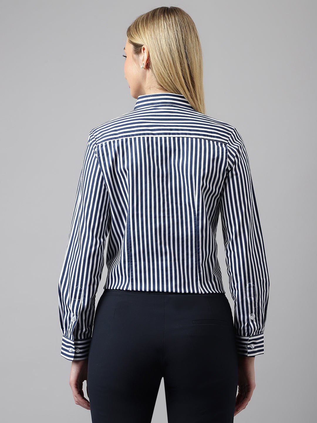 Women White &Navy Stripes Pure Cotton Regular Fit Formal Shirt - #folk republic#