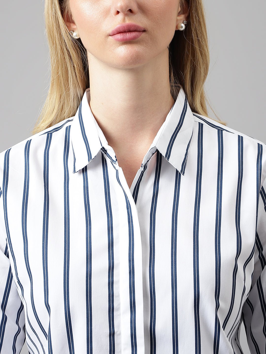 Women White &Navy Stripes Pure Cotton Regular Fit Formal Shirt - #folk republic#
