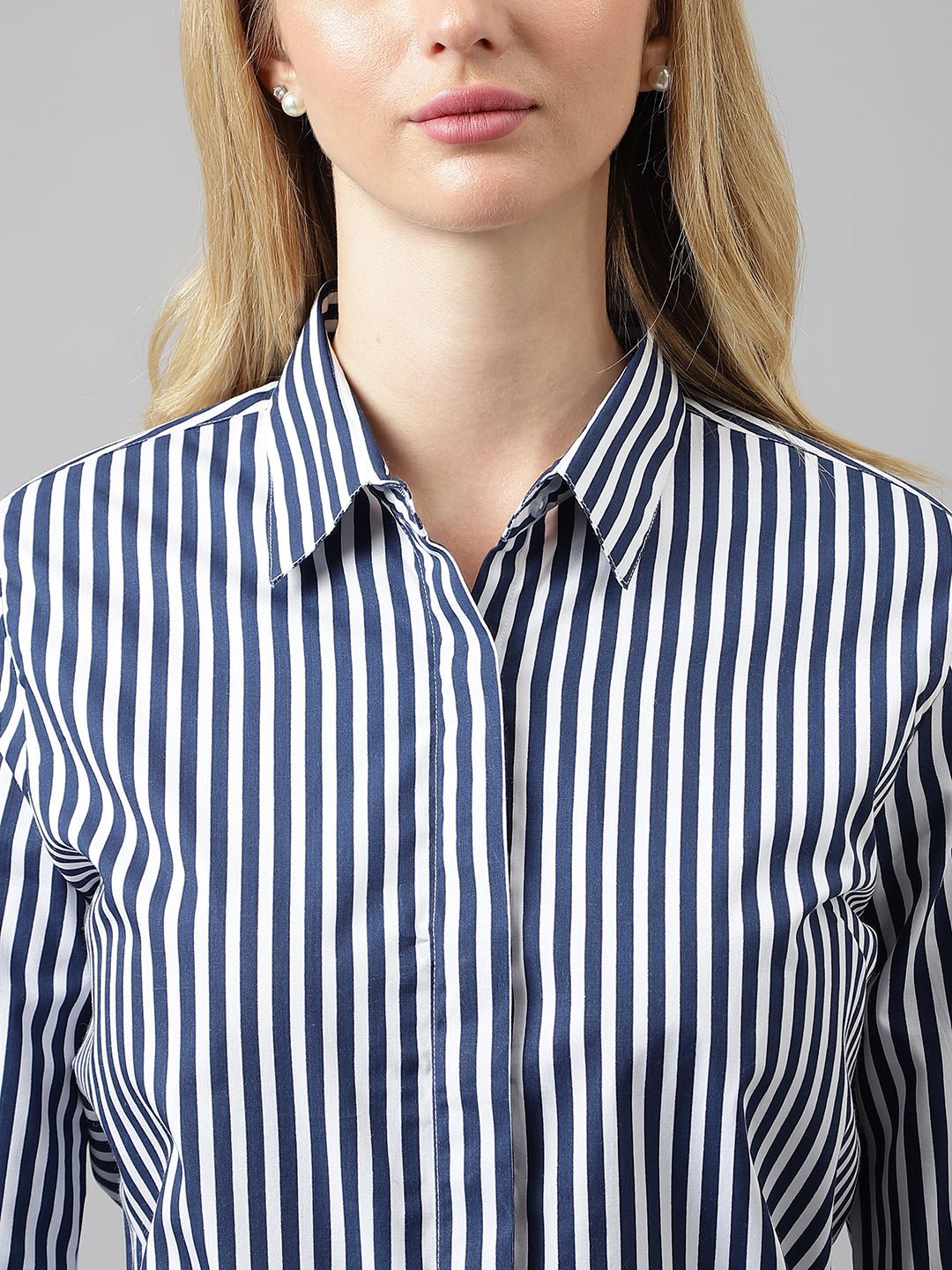 Women White &Navy Stripes Pure Cotton Regular Fit Formal Shirt - #folk republic#