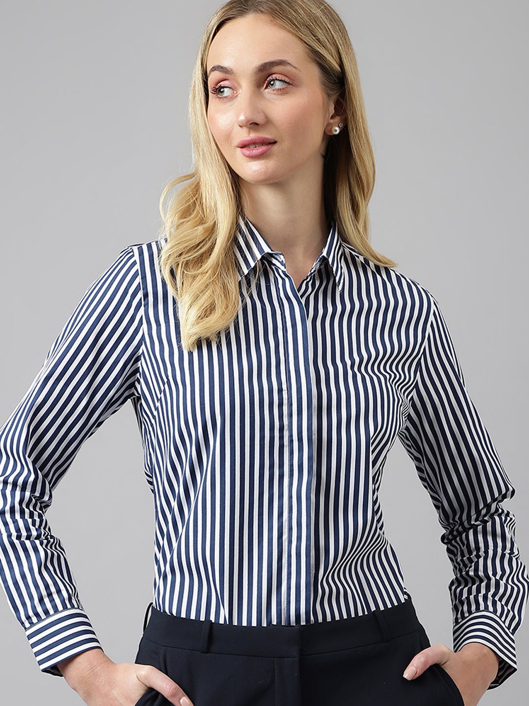 Women White &Navy Stripes Pure Cotton Regular Fit Formal Shirt - #folk republic#