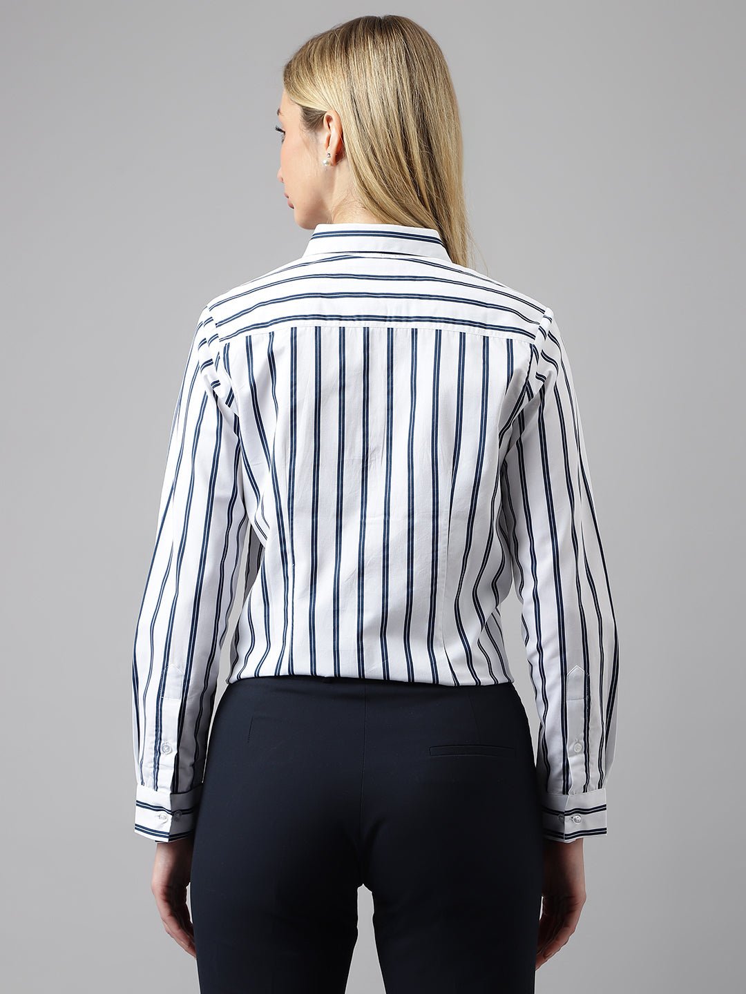 Women White &Navy Stripes Pure Cotton Regular Fit Formal Shirt - #folk republic#